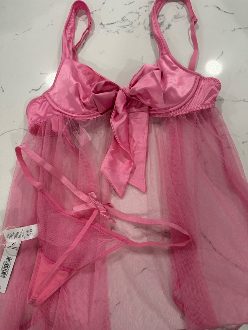 Adore Me Hot Pink Sheer Bow-Front Babydoll Chemise with Thong